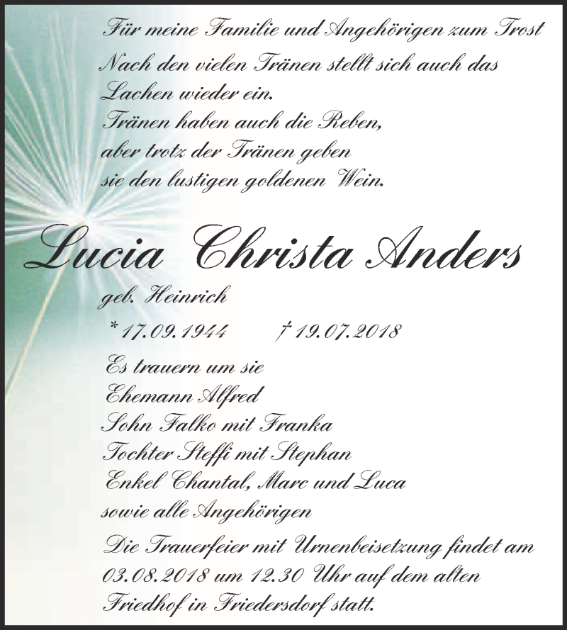 Traueranzeige für Lucia Christa Anders vom 25.07.2018 aus WVG - Wochenspiegel Bitterfeld
