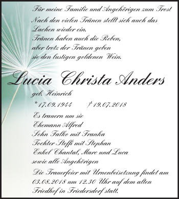 Traueranzeige von Lucia Christa Anders von Mitteldeutsche Zeitung Bitterfeld