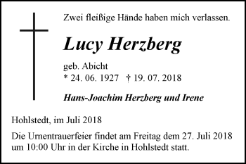 Traueranzeige von Lucy Herzberg von Mitteldeutsche Zeitung Sangerhausen