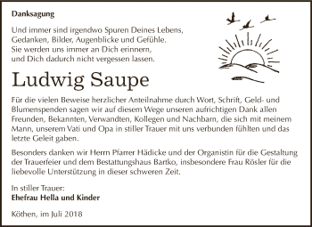 Traueranzeige von Ludwig Saupe von WVG - Wochenspiegel Dessau / Köthen
