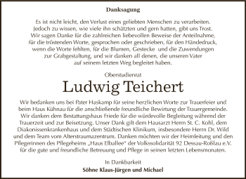 Traueranzeige von Ludwig Teichert von WVG - Wochenspiegel Dessau / Köthen