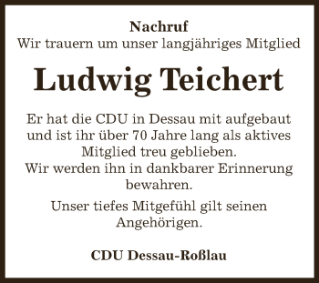 Traueranzeige von Ludwig Teichert von WVG - Wochenspiegel Dessau / Köthen
