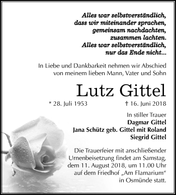 Traueranzeige von Lutz Gittel von Mitteldeutsche Zeitung Halle/Saalkreis
