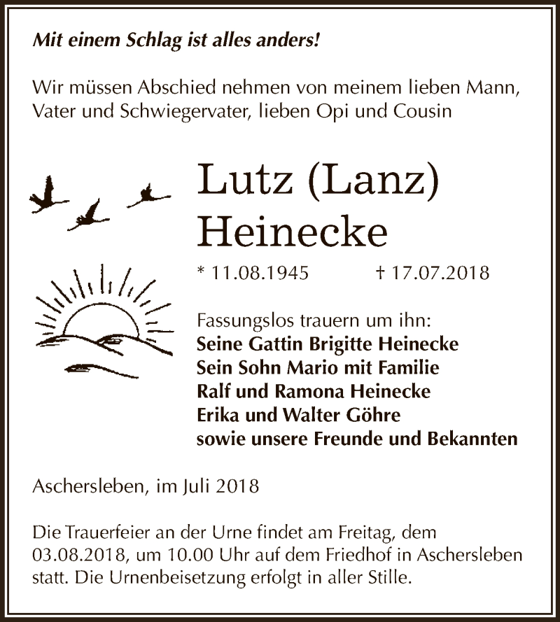  Traueranzeige für Lutz Heinecke vom 25.07.2018 aus Super Sonntag Aschersleben