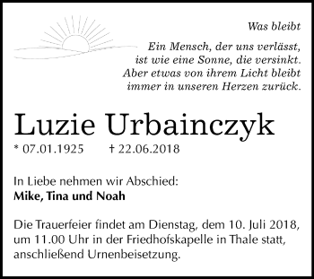Traueranzeige von Luzie Urbainczyk von Mitteldeutsche Zeitung Quedlinburg
