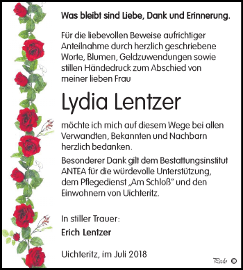 Traueranzeige von Lydia Lentzer von Mitteldeutsche Zeitung Weißenfels