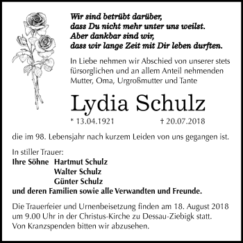 Traueranzeige von Lydia Schulz von Mitteldeutsche Zeitung Dessau-Roßlau