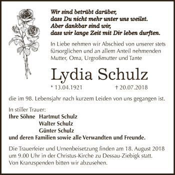 Traueranzeige von Lydia Schulz von WVG - Wochenspiegel Dessau / Köthen