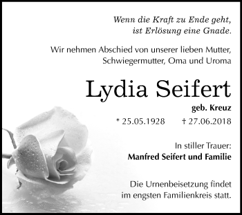 Traueranzeige von Lydia Seifert von Mitteldeutsche Zeitung Bitterfeld