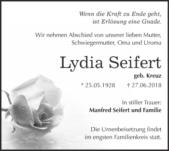 Traueranzeige von Lydia Seifert von WVG - Wochenspiegel Bitterfeld