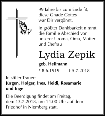 Traueranzeige von Lydia Zepik von Mitteldeutsche Zeitung Halle/Saalkreis