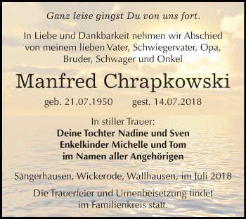 Traueranzeige von Manfred Chrapkowski von Mitteldeutsche Zeitung Sangerhausen