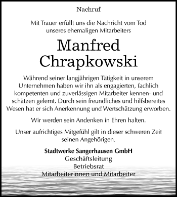 Traueranzeige von Manfred Chrapkowski von Mitteldeutsche Zeitung Sangerhausen
