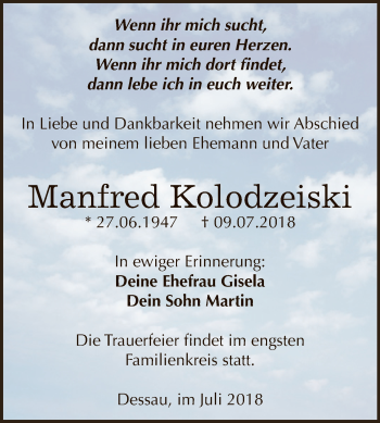 Traueranzeige von Manfred Kolodzeiski von WVG - Wochenspiegel Dessau / Köthen