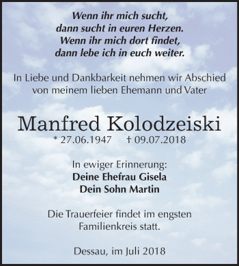Traueranzeige von Manfred Kolodzeiski von Mitteldeutsche Zeitung Dessau-Roßlau