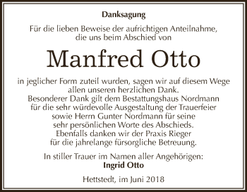 Traueranzeige von Manfred Otto von Wochenspiegel Mansfelder Land