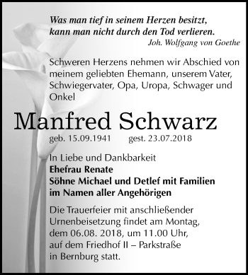 Traueranzeige von Manfred Schwarz von Mitteldeutsche Zeitung Bernburg