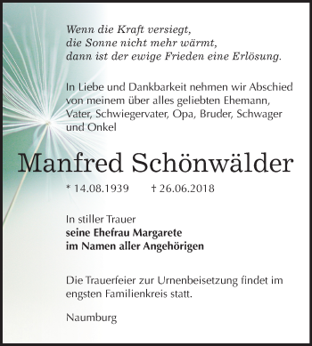 Traueranzeige von Manfred Schönwälder von Mitteldeutsche Zeitung Köthen