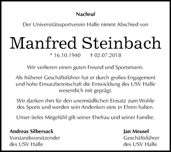 Traueranzeige von Manfred Steinbach von Mitteldeutsche Zeitung Halle/Saalkreis