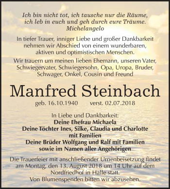 Traueranzeige von Manfred Steinbach von Mitteldeutsche Zeitung Halle/Saalkreis