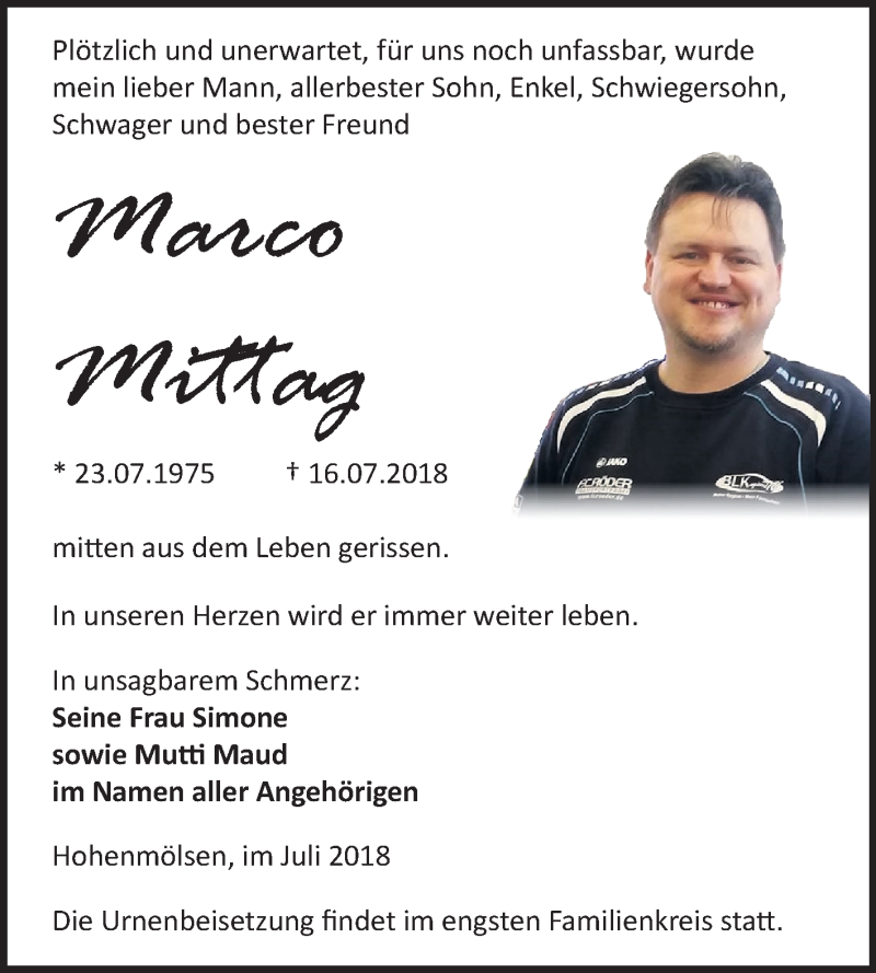  Traueranzeige für Marco Mittag vom 21.07.2018 aus Mitteldeutsche Zeitung Weißenfels