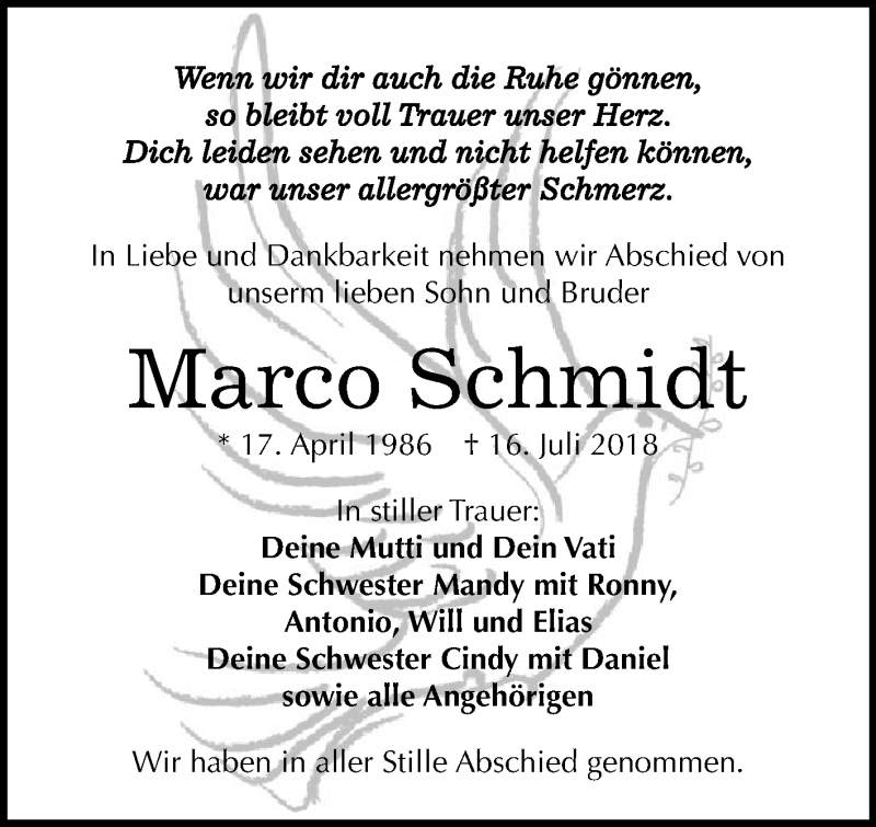  Traueranzeige für Marco Schmidt vom 21.07.2018 aus Mitteldeutsche Zeitung