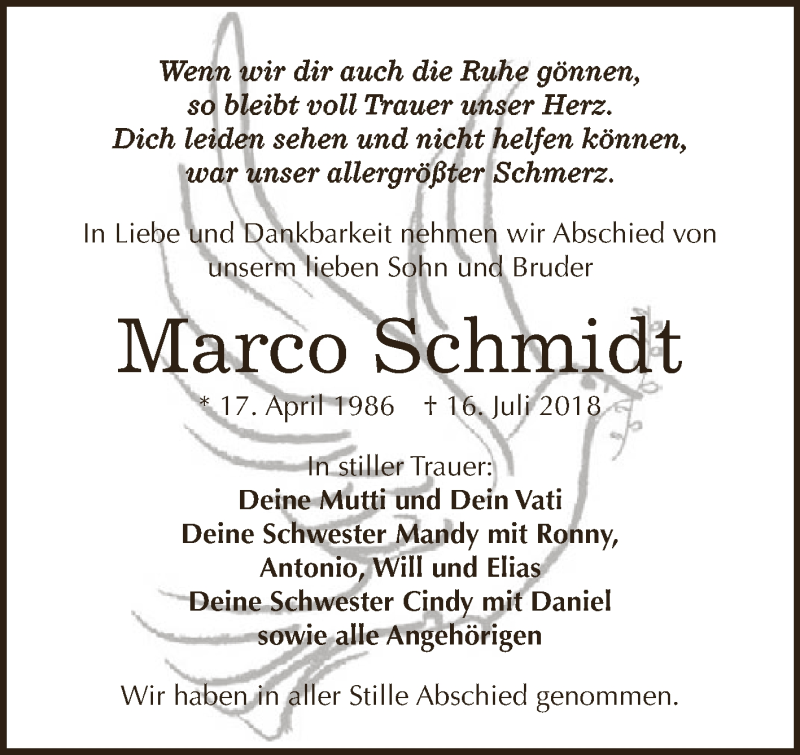  Traueranzeige für Marco Schmidt vom 21.07.2018 aus Super Sonntag Zeitz