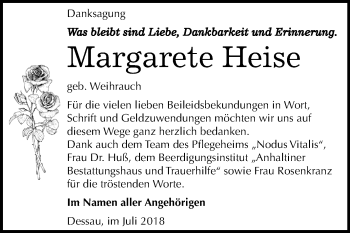 Traueranzeige von Margarete Heise von Mitteldeutsche Zeitung Dessau-Roßlau