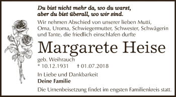 Traueranzeige von Margarete Heise von WVG - Wochenspiegel Dessau / Köthen