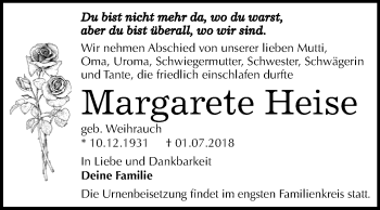 Traueranzeige von Margarete Heise von Mitteldeutsche Zeitung Dessau-Roßlau