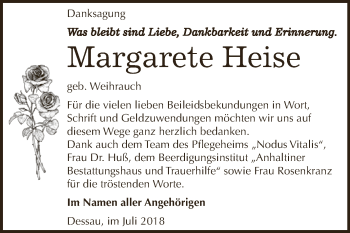 Traueranzeige von Margarete Heise von WVG - Wochenspiegel Dessau / Köthen