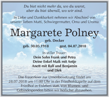 Traueranzeige von Margarete und Frank Jürgen Polney von Mitteldeutsche Zeitung