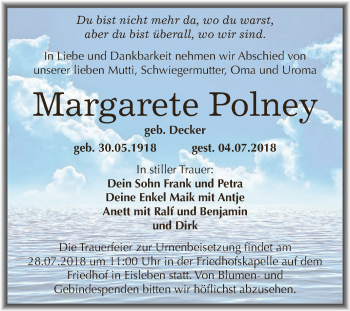 Traueranzeige von Margarete und Frank Jürgen Polney von Wochenspiegel Mansfelder Land