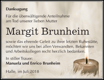 Traueranzeige von Margit Brunheim von Mitteldeutsche Zeitung Halle/Saalkreis