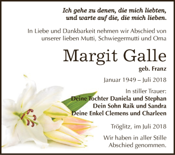 Traueranzeige von Margit Galle von Super Sonntag Zeitz
