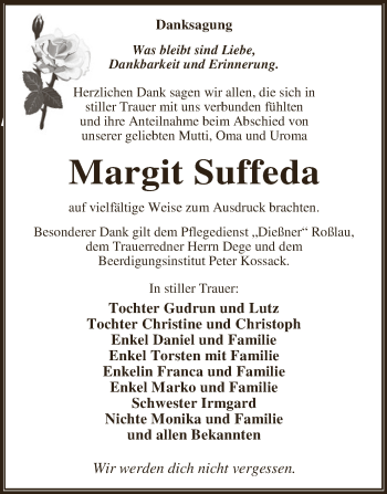 Traueranzeige von Margit Suffeda von WVG - Wochenspiegel Dessau / Köthen