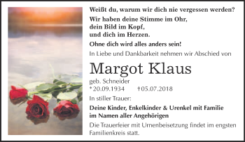 Traueranzeige von Margot Klaus von WVG - Wochenspiegel Bitterfeld