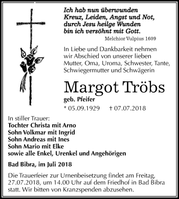 Traueranzeige von Margot Tröbs von Mitteldeutsche Zeitung