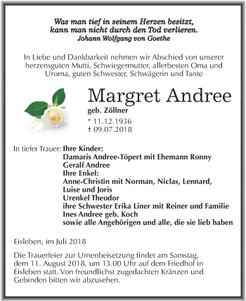 Traueranzeige von Margret Andree von Mitteldeutsche Zeitung