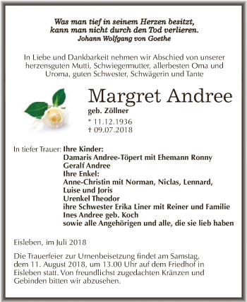 Traueranzeige von Margret Andree von Wochenspiegel Mansfelder Land