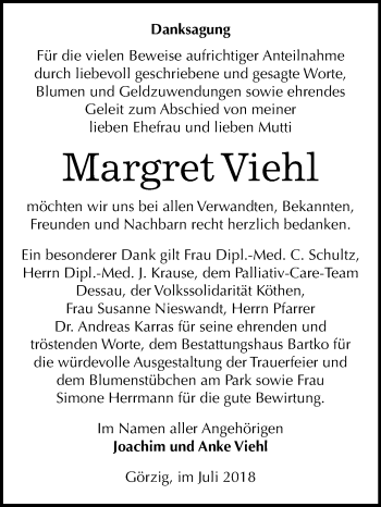 Traueranzeige von Margret Viehl von Mitteldeutsche Zeitung