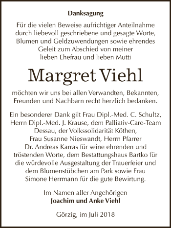 Traueranzeige von Margret Viehl von WVG - Wochenspiegel Dessau / Köthen