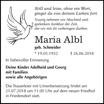 Traueranzeige von Maria Albl von Mitteldeutsche Zeitung Bitterfeld