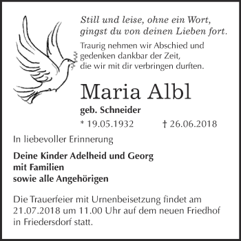 Traueranzeige von Maria Albl von WVG - Wochenspiegel Bitterfeld