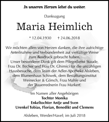 Traueranzeige von Maria Heimlich von Mitteldeutsche Zeitung Bernburg