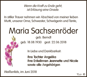 Traueranzeige von Maria Sachsenräder von WVG - Wochenspiegel NMB / WSF / ZTZ