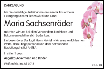 Traueranzeige von Maria Sachsenröder von Mitteldeutsche Zeitung Weißenfels