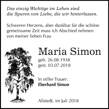 Traueranzeige von Maria Simon von Mitteldeutsche Zeitung Sangerhausen