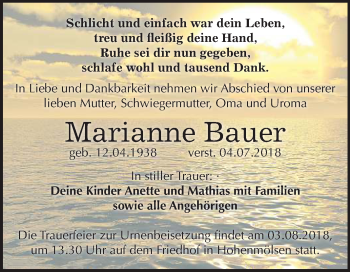 Traueranzeige von Marianne Bauer von Mitteldeutsche Zeitung Weißenfels