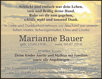 Traueranzeige von Marianne Bauer von WVG - Wochenspiegel NMB / WSF / ZTZ